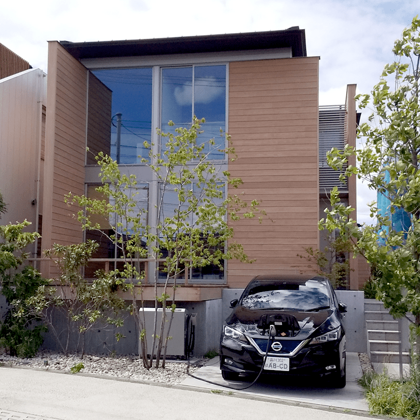 電気自動車に蓄えた電力を住宅内で使うV2Hを採り入れた「田園都市の家」。太陽光発電と組み合わせることもできる。